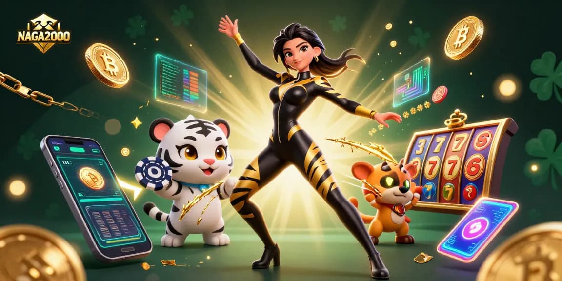 NAGA2000 menampilkan pemandangan yang memukau dengan seorang wanita dalam kostum kucing glamor di samping seekor harimau bayi yang ceria, dikelilingi oleh elemen slot yang cerah.