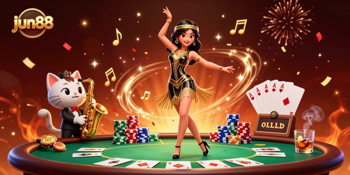 Experience excitement at jun88 with dynamic poker action and lively characters in a vibrant casino scene.