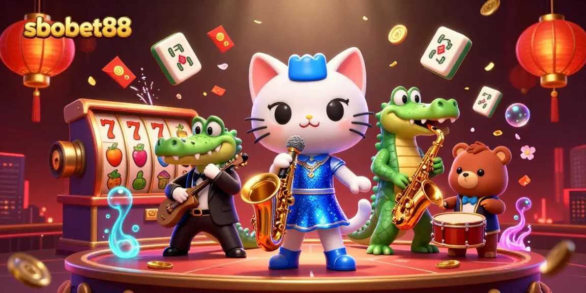 Experience sbobet88 through vibrant cartoon characters in an exciting casino scene with slot reels and celebratory elements.