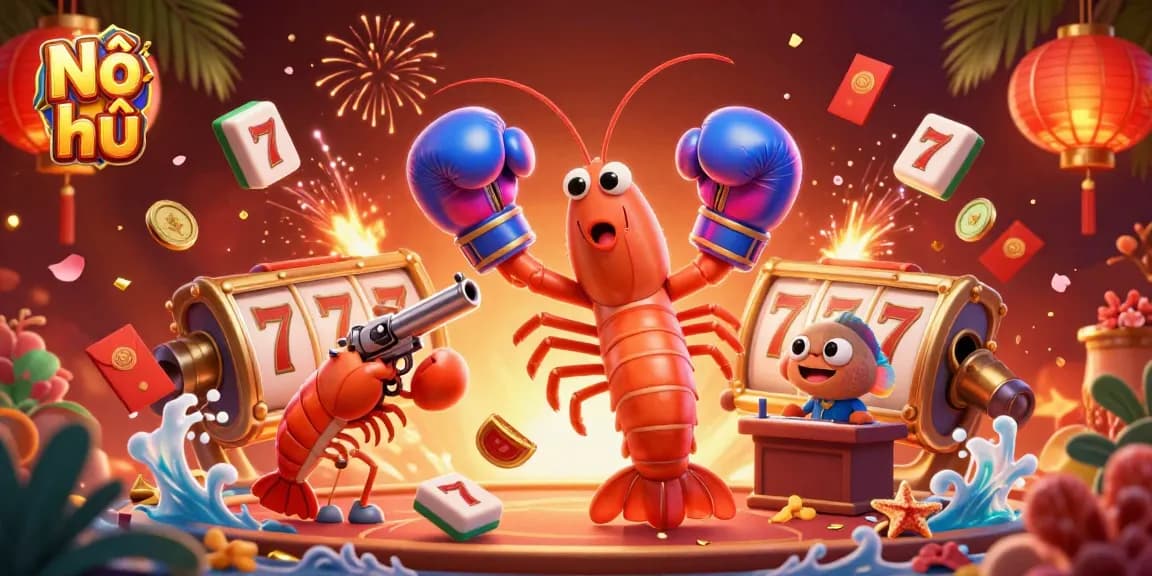 Nổ hũ slot game dynamic scene with vibrant characters and lucky symbols in 3D.
