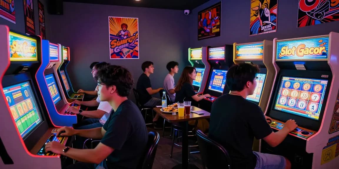 Pengunjung bermain slot gacor di lounge arcade dengan suasana yang meriah.