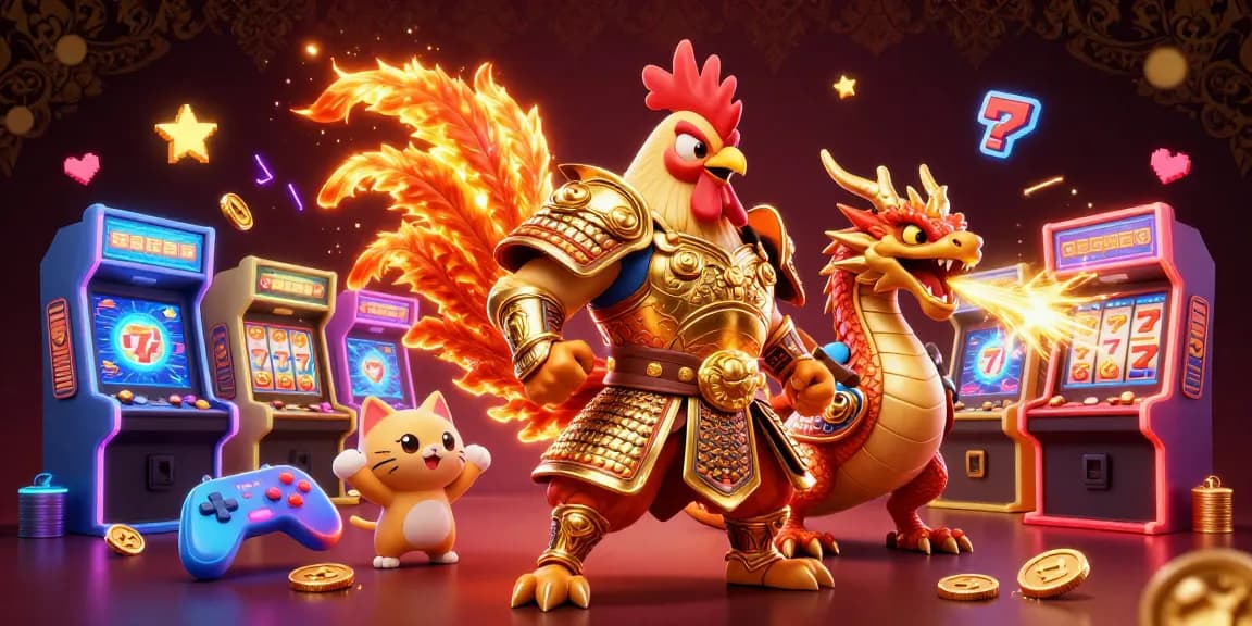 Experience the thrill of 33win with a vibrant casino scene featuring a heroic rooster warrior and a dragon hatchling.
