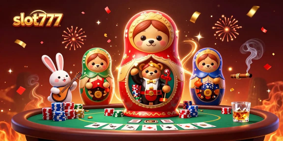 Engaging slot777 scene with 3D Matryoshka bears and casino elements, showcasing vibrant action and excitement.