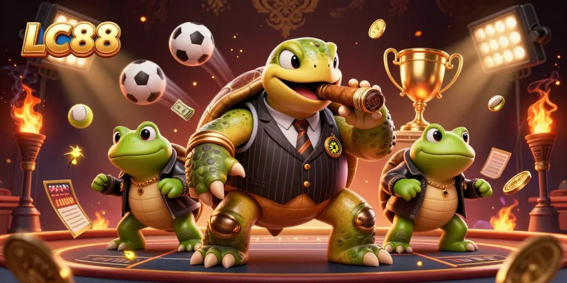 Experience thrilling gaming at LC88 with a massive turtle mobster and frog enforcers surrounded by casino excitement.
