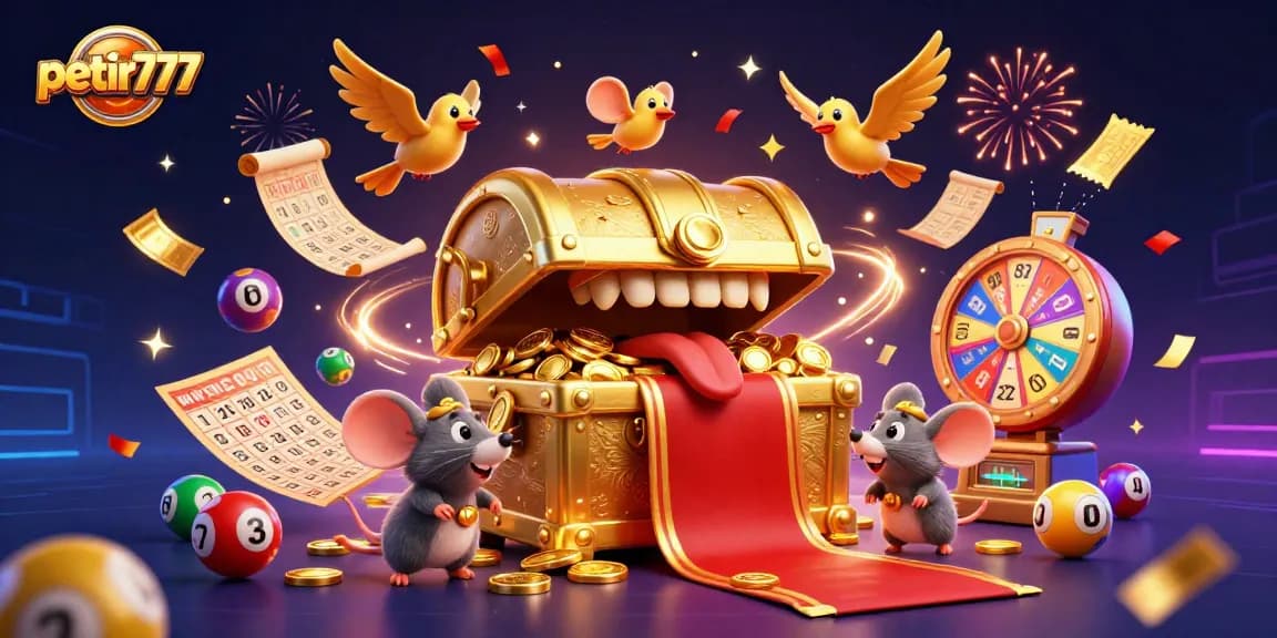 Experience excitement with petir777 as adventurer mice explore treasures in a vibrant casino illustration.