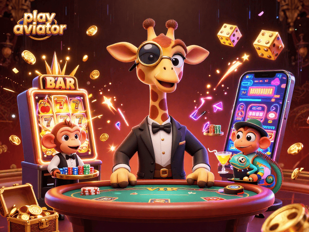 Play aviator for exciting wins with this vibrant casino scene featuring a high-roller giraffe and thrilling game elements.