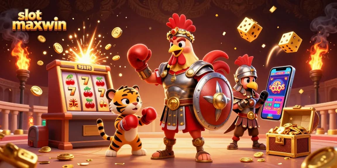 Menangkan jackpot di slot maxwin dengan ilustrasi 3D dari karakter gladiator dan mesin slot yang mengeluarkan koin.