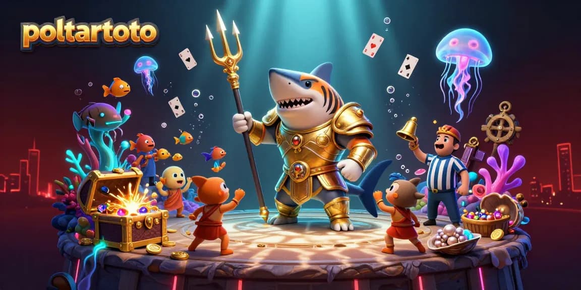 Menangkan hadiah di poltartoto dengan karakter hiu kartun bertarung di arena bawah laut.
