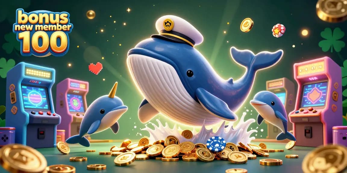 Experience the excitement of bonus new member 100 with engaging casino elements in a vibrant 3D scene.
