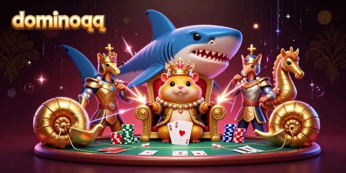 Engage with dominoqq in a vibrant 3D illustration featuring poker elements and a dynamic casino scene.