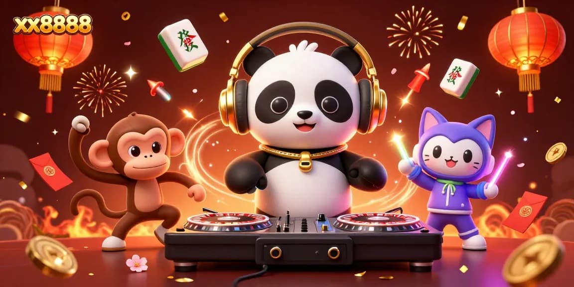Experience the excitement of playing at xx8888 with vibrant visuals of a DJ panda and lively characters.