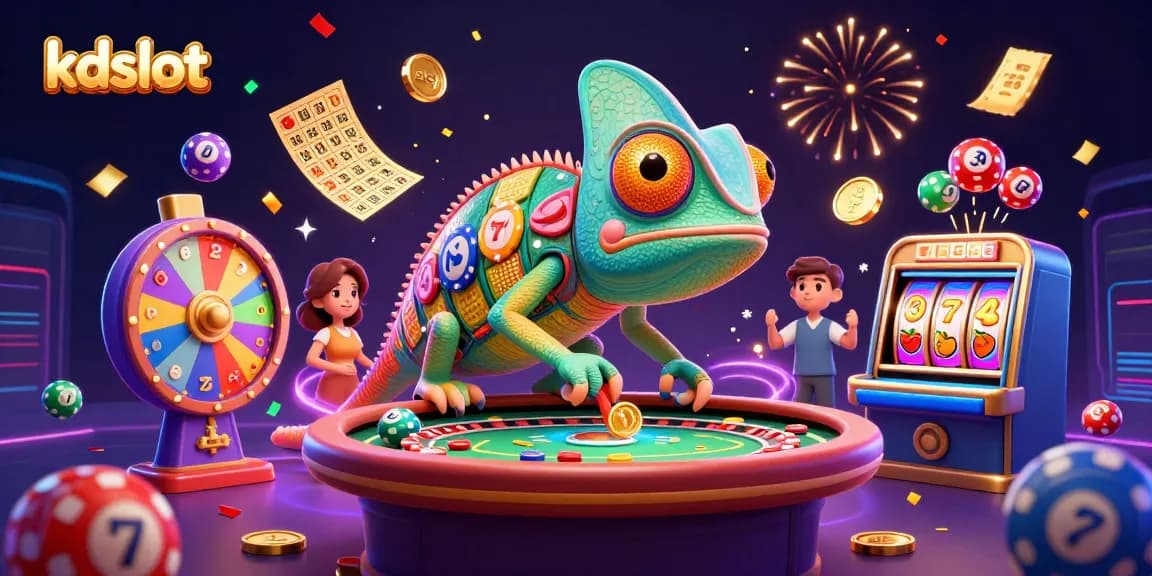 Experience the vibrant world of kdslot with a lively casino scene full of colorful lottery elements and a dynamic chameleon.