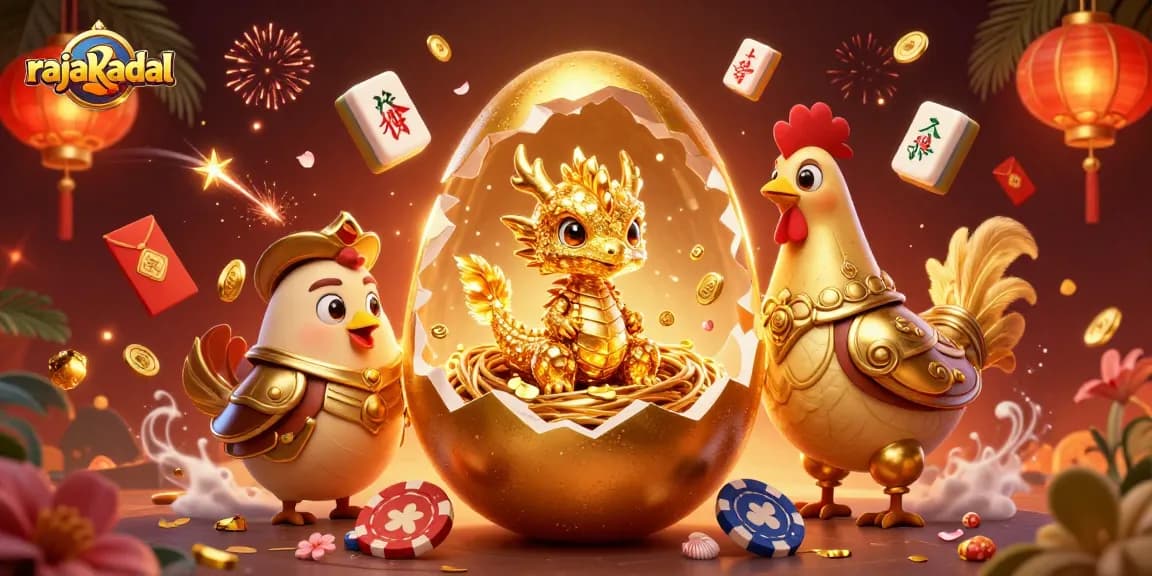 Rasakan sensasi menang di rajakadal dengan naga emas bercipta mengawasi tumpukan chip poker.