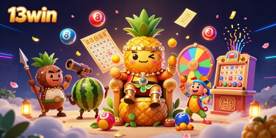 Experience the excitement of 13win with a lively casino-themed illustration of the golden pineapple king and more.