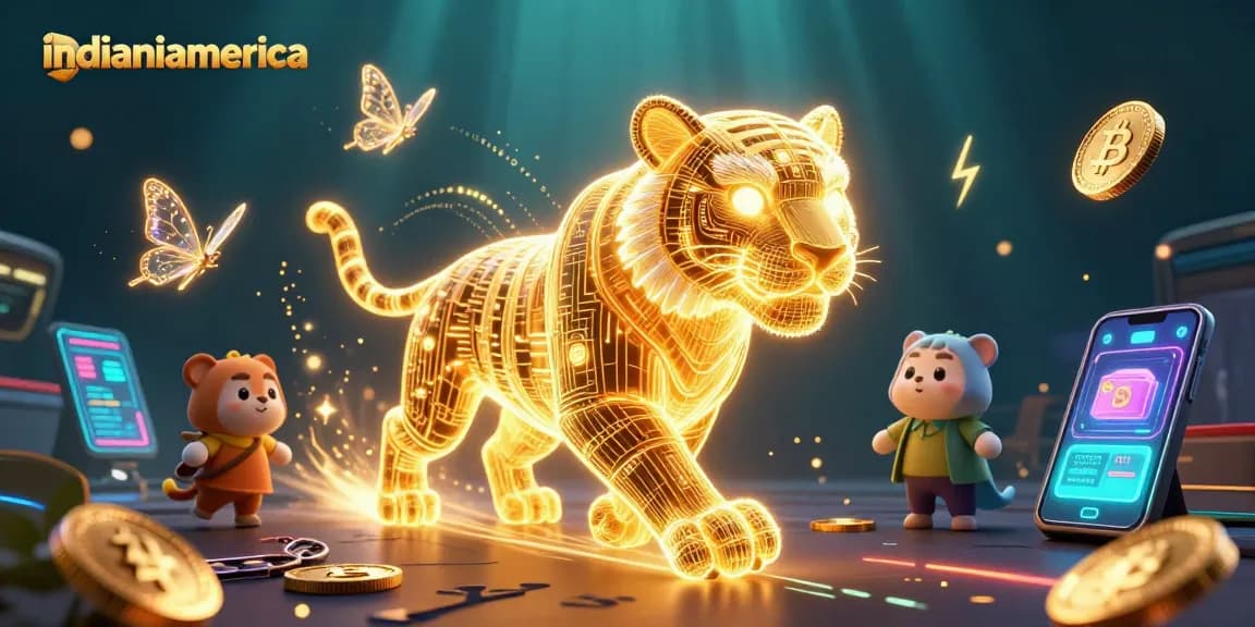 Immerse yourself in indianiamerica's vibrant digital casino realm with a golden tiger and crypto elements.
