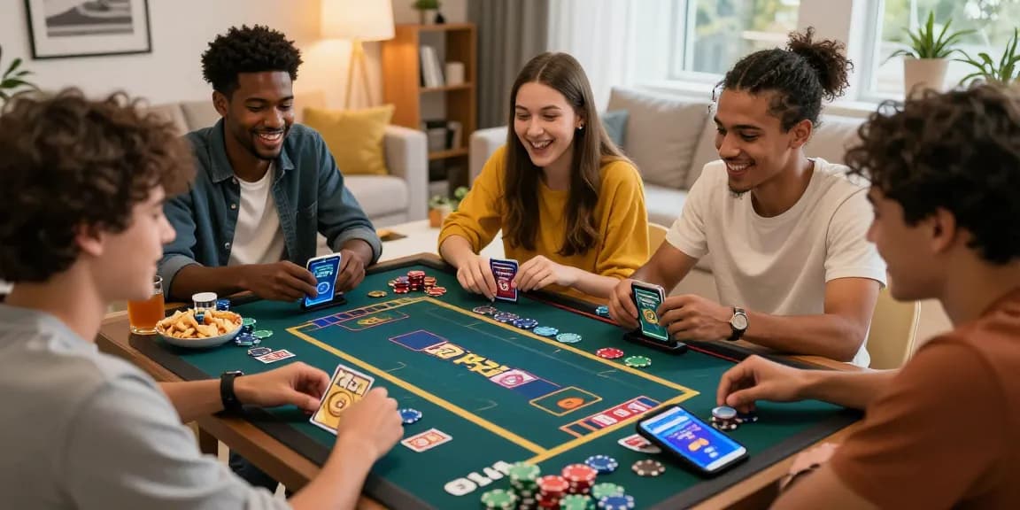 Friends playing Gold teen Patti in a lively and engaging setting with smartphones and colorful chips.