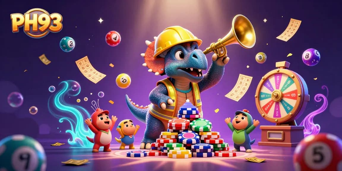 Exciting PH33 gaming scene with triceratops building poker chip pyramid amidst colorful lottery and casino elements.