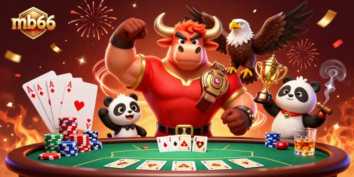 Experience thrilling victories with mb66 as the bull mascot showcases poker triumph.