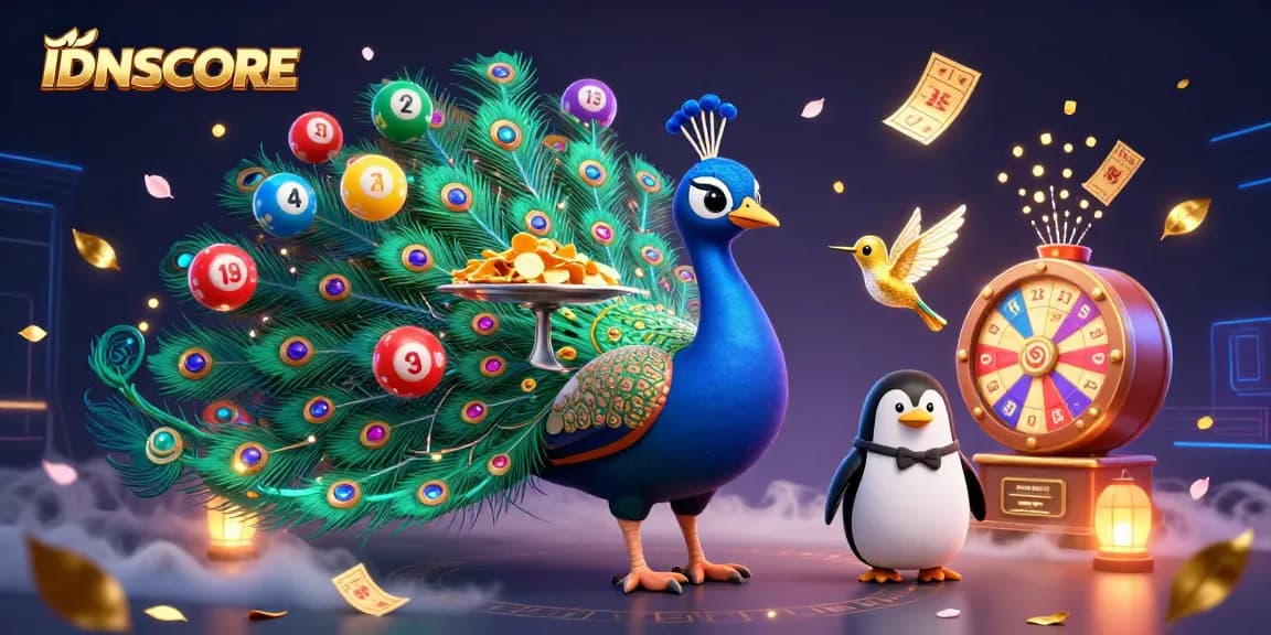 IDNSCORE players enjoying a vibrant lottery scene with colorful balls and golden prizes