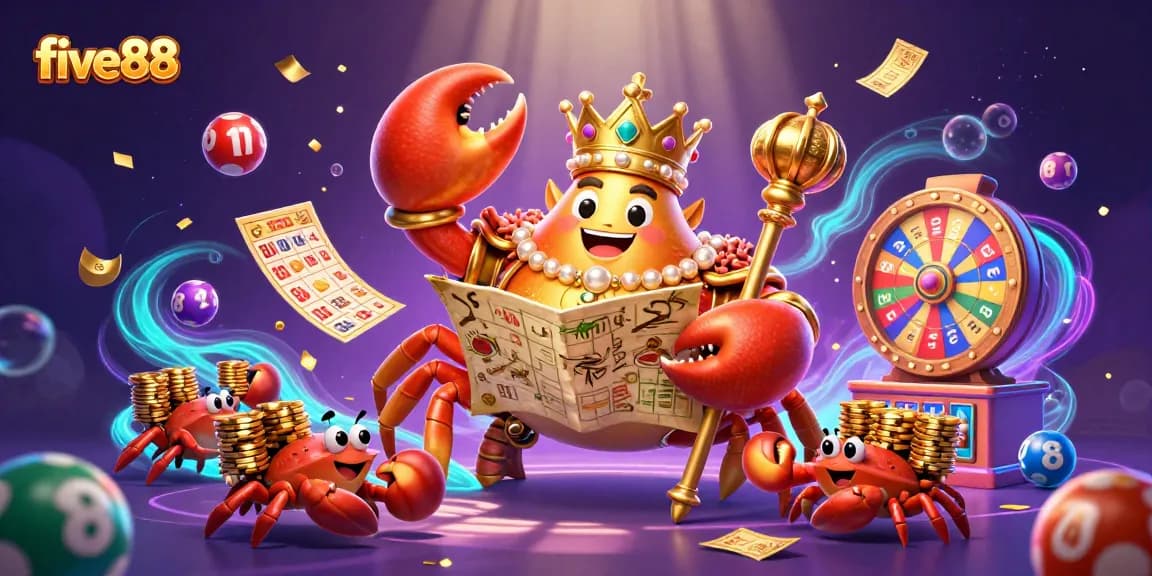 Experience the vibrant world of five88 with a golden crab emperor, lottery elements, and dynamic visuals.