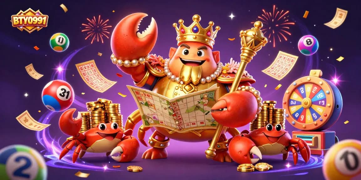 Experience the excitement of BTY0991 with a vibrant 3D illustration of a golden crab emperor in a lottery scene.