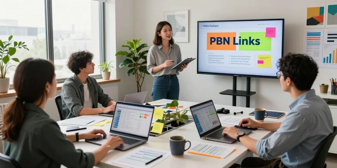 PBN Links strategies and team collaboration in a modern digital marketing office.