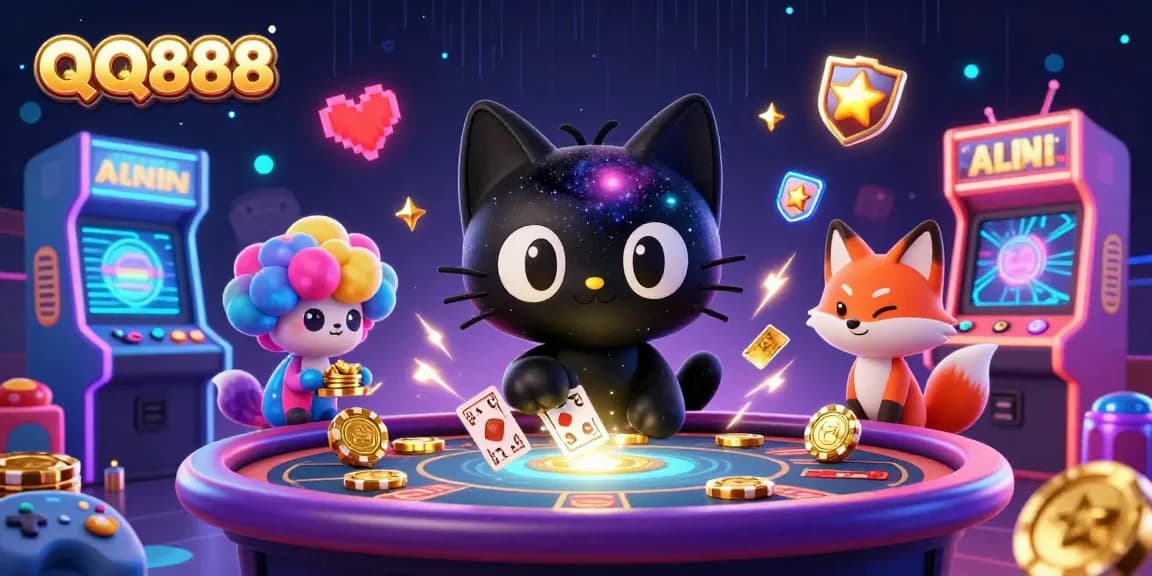 Engage with QQ888's cosmic casino scene featuring dynamic game elements and charming characters.