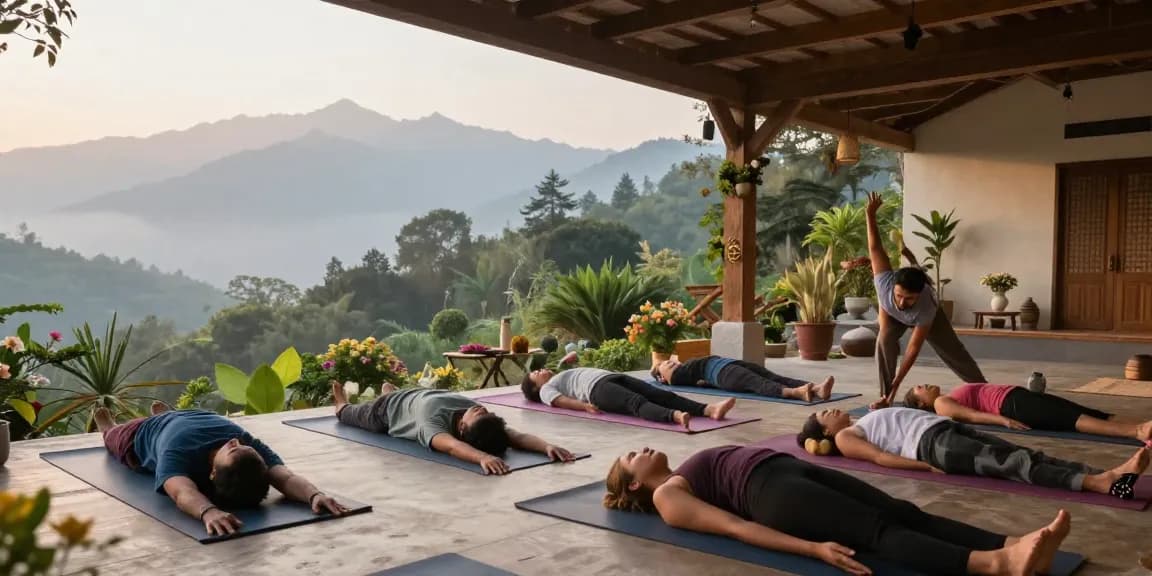 Students participating in 300 hour yoga teacher training in India amidst the serene landscape of Rishikesh, practicing advanced asanas.