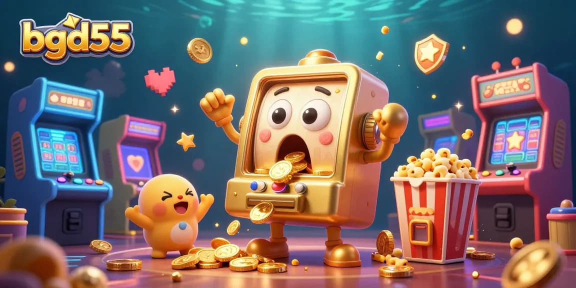Win big with bgd55 as a golden slot machine hits a jackpot surrounded by cheerful elements.
