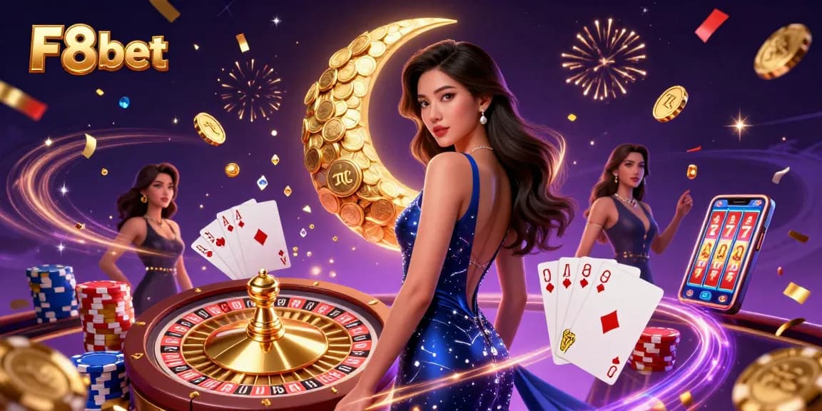 Experience the rich allure of F8bet with spinning roulettes and cascading coins in an electrifying casino scene.