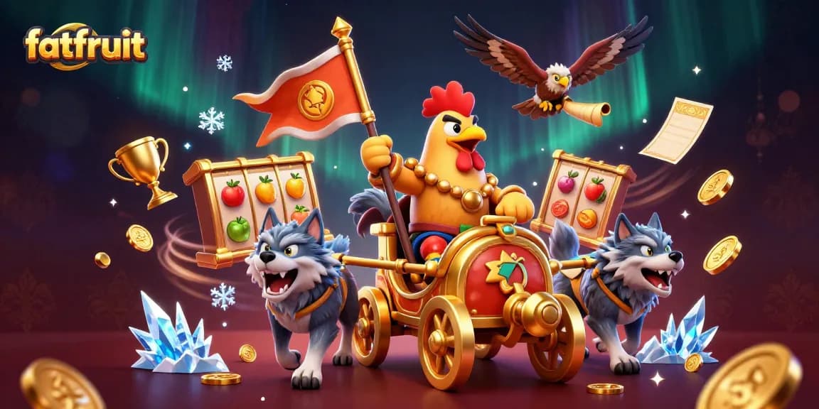 Experience thrilling slots at fatfruit with a dynamic scene featuring a rooster warlord and casino elements.