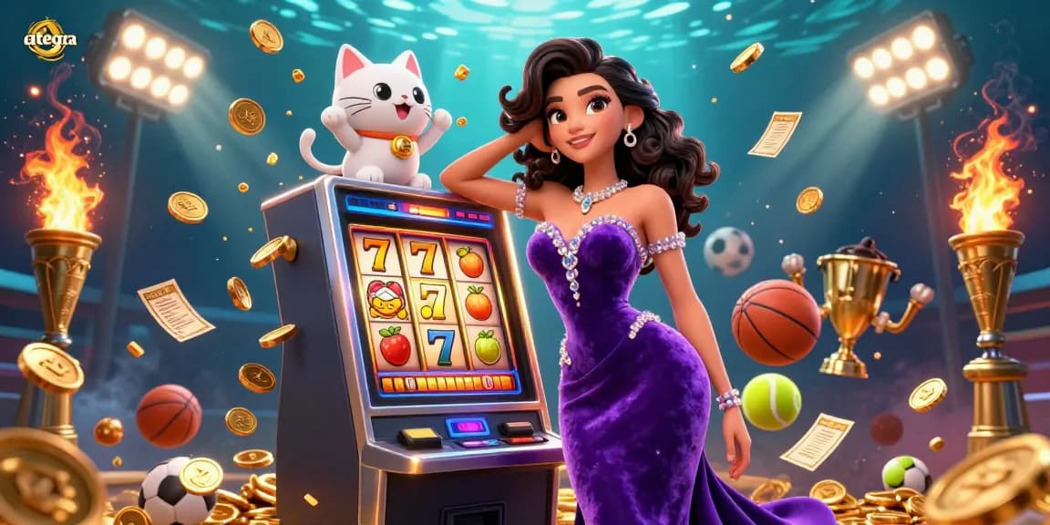 Ategra showcases an exciting casino scene with a stylish woman and a jackpot slot machine, engaging players.