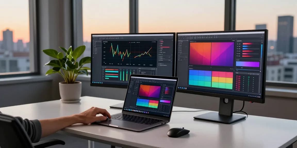 Testing the M5 MacBook in a modern tech workspace with dual monitors and vibrant organization.
