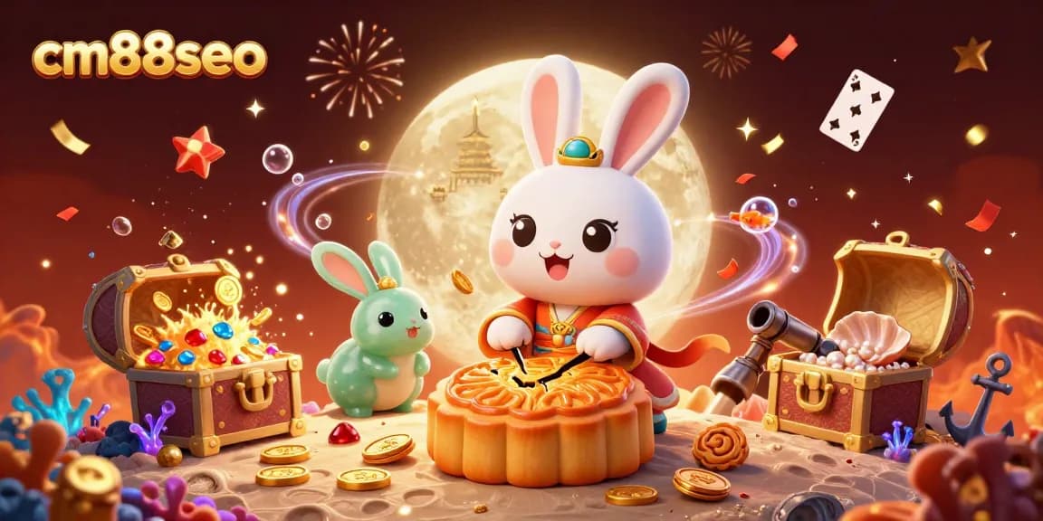 Play and win big at cm88seo with the moon rabbit and golden treasures in a vibrant casino-themed illustration.