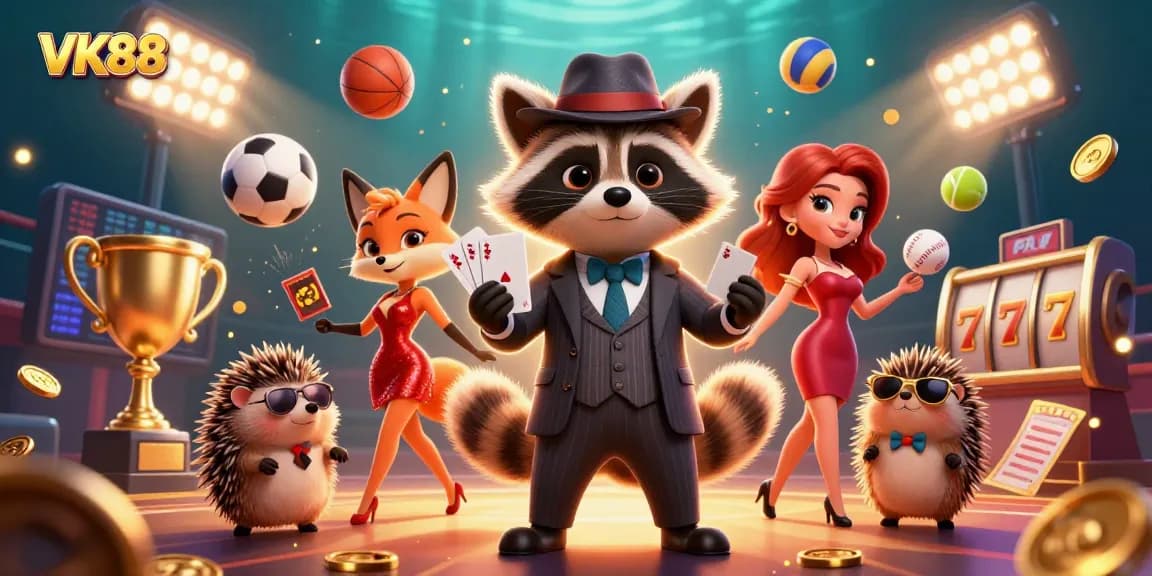 VK88 sports betting scene featuring a raccoon with a royal flush, surrounded by dynamic sports elements.