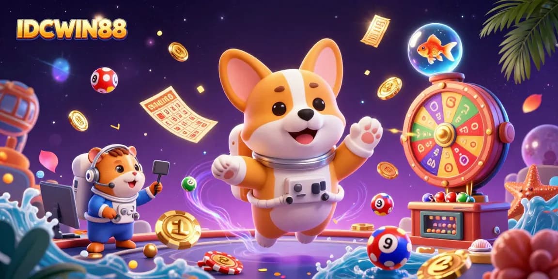 Experience thrilling gameplay with IDCWIN88, featuring an astronaut corgi in a lively casino setting.