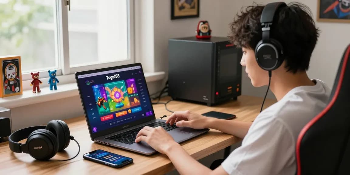 Togel88 Me Login experience with an enthusiastic gamer engaging on a sleek laptop, showcasing vibrant graphics and notifications.