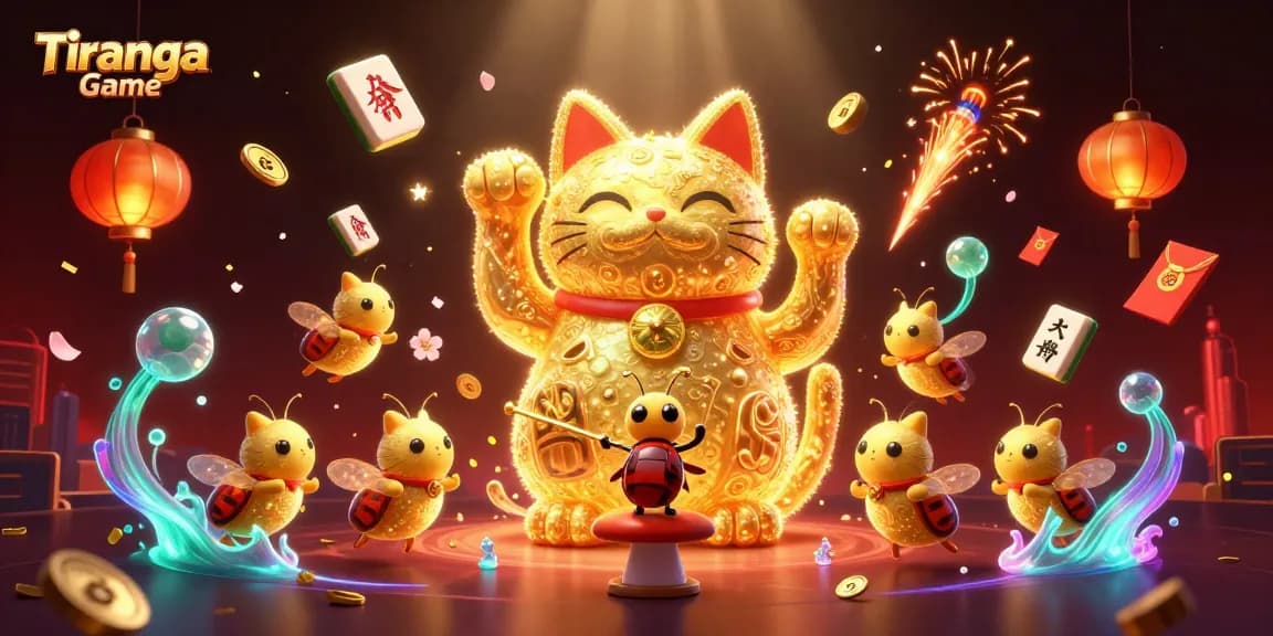 Tiranga Game illustration showcasing a giant lucky cat amidst casino symbols and glowing decor.