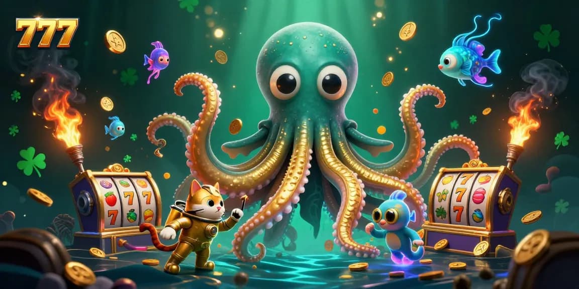 Engage with the excitement of 777 slot machines featuring a kraken emerging from treasure-filled waters.