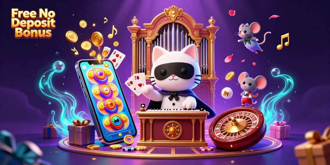 Unleash thrilling wins with Free No Deposit Bonus in a vibrant casino scene with cartoon characters.