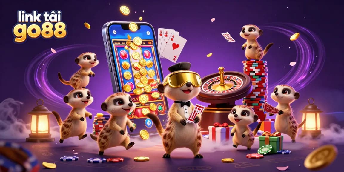 Experience the thrill with link tải go88 in a vibrant meerkat casino scene showcasing slots and card games.