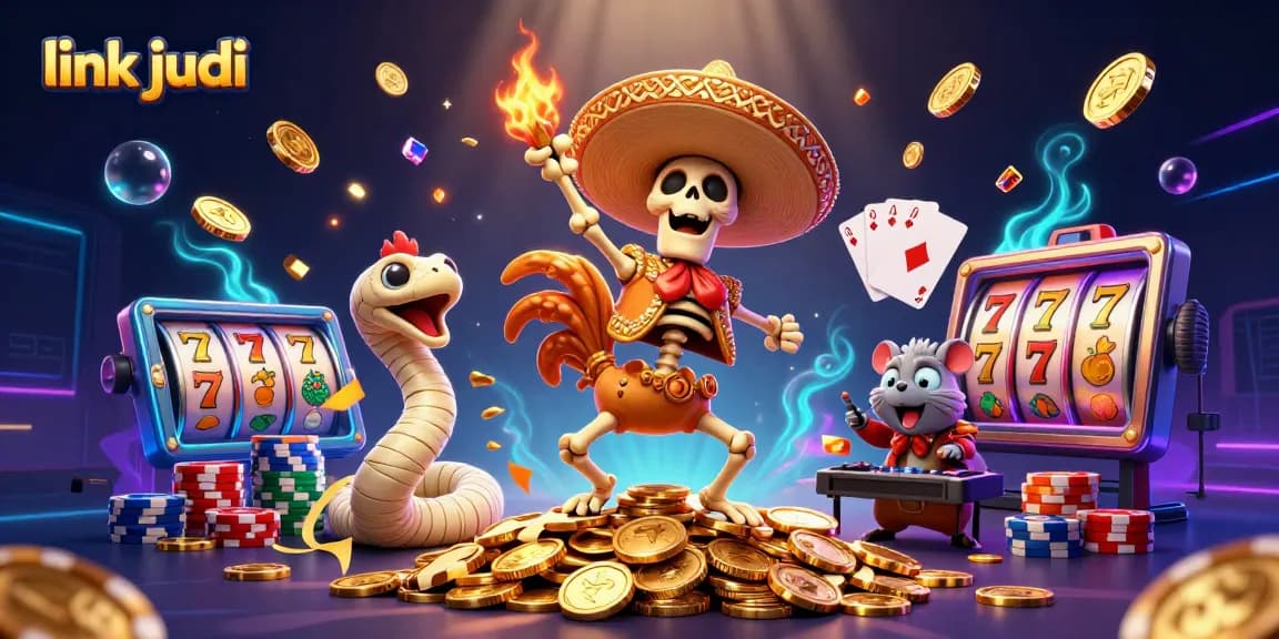 Musim menang dengan link judi, gambar slot yang bersinar dan karakter 3D bertema kasino.