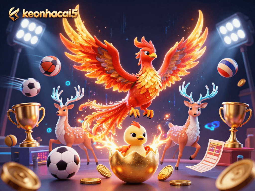 Engaging illustration of keonhacai5 showcasing a vibrant phoenix scene with dynamic sports elements.
