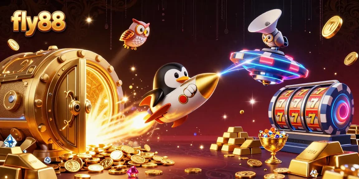 Experience the excitement of fly88 with a golden penguin and casino elements in a cosmic adventure.