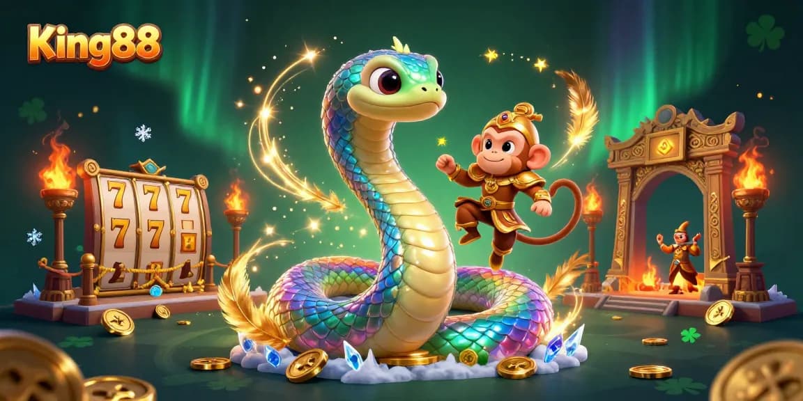 Experience King88's vibrant world of gaming with a magical scene featuring a serpent and playful monkey king.