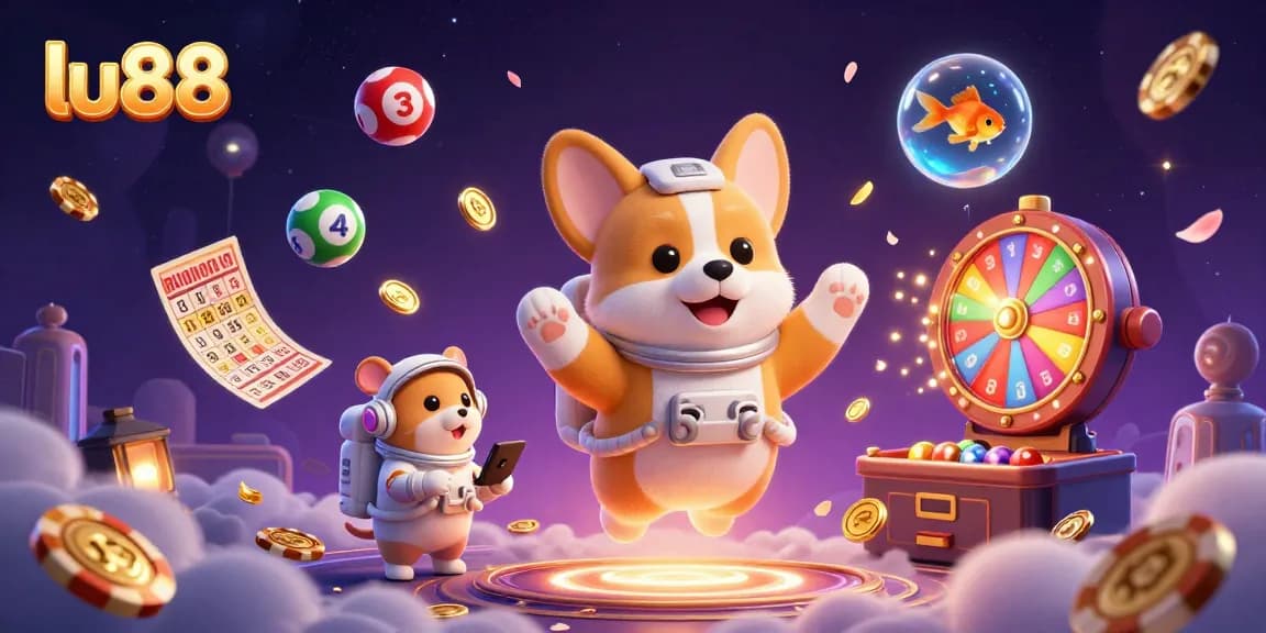 Experience thrilling gameplay at lu88, featuring a floating astronaut corgi in a casino filled with vibrant lottery balls and golden coins.