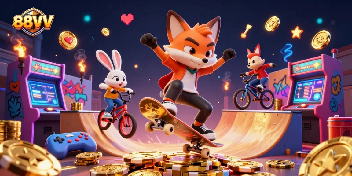 88VV gamers enjoy a thrilling kickflip scene with vibrant casino elements in a digital illustration.