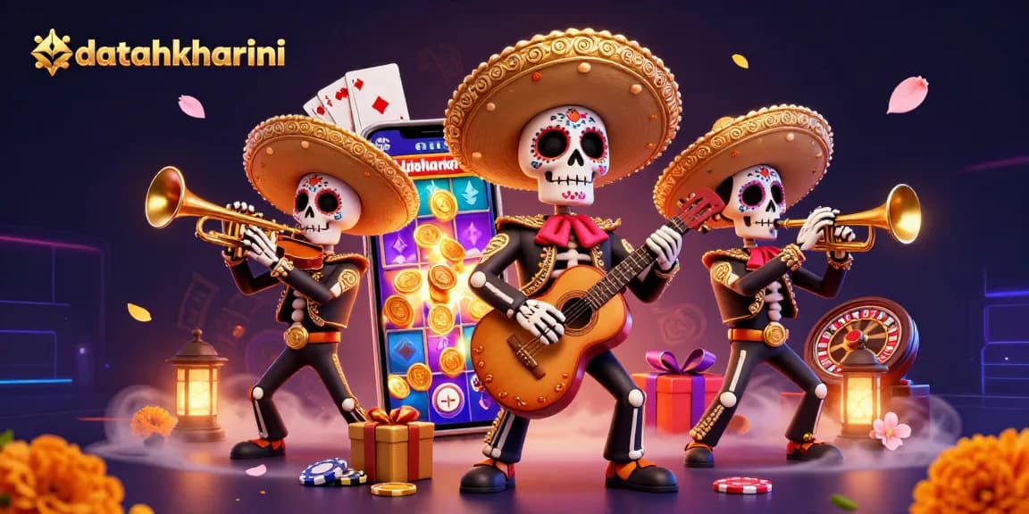 Menangkap momen bermain mesin slot datahkhariini dengan karakter mariachi dalam ilustrasi 3D yang penuh warna.