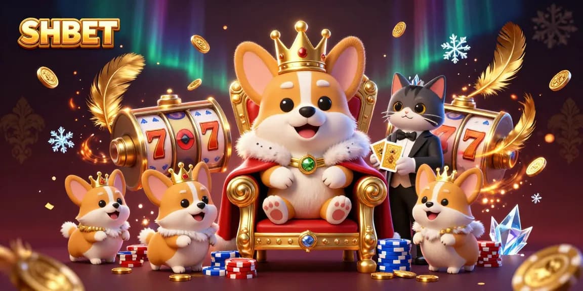 Experience the excitement of casino gaming with SHBET, featuring a royal corgi on a poker chip throne.