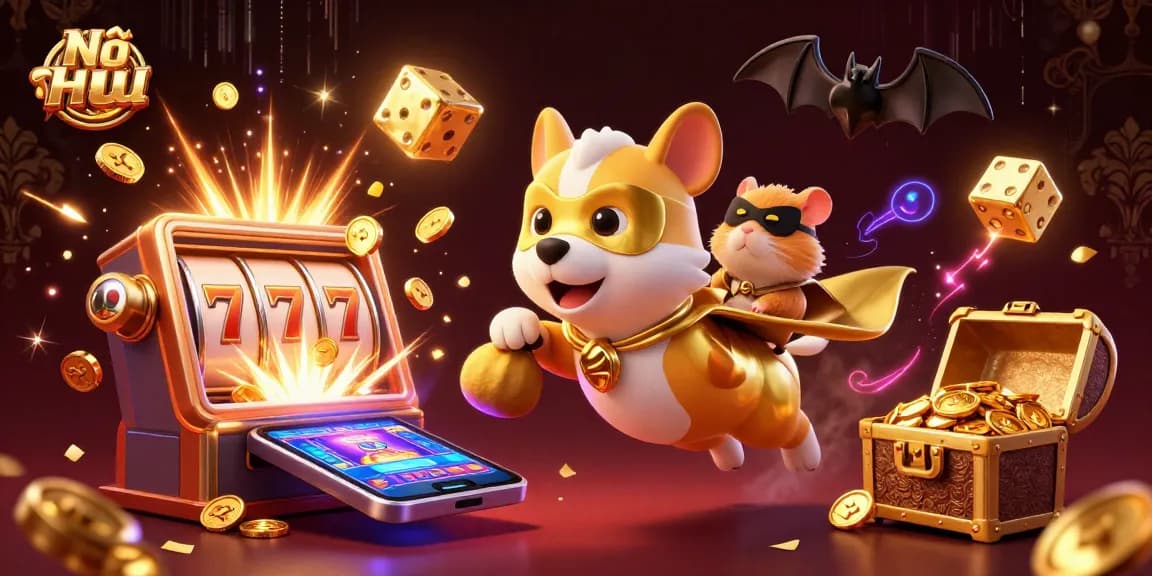 Nổ Hũ reveals a kitschy casino adventure with a superhero dog, spinning slots, and vibrant gold treasures!